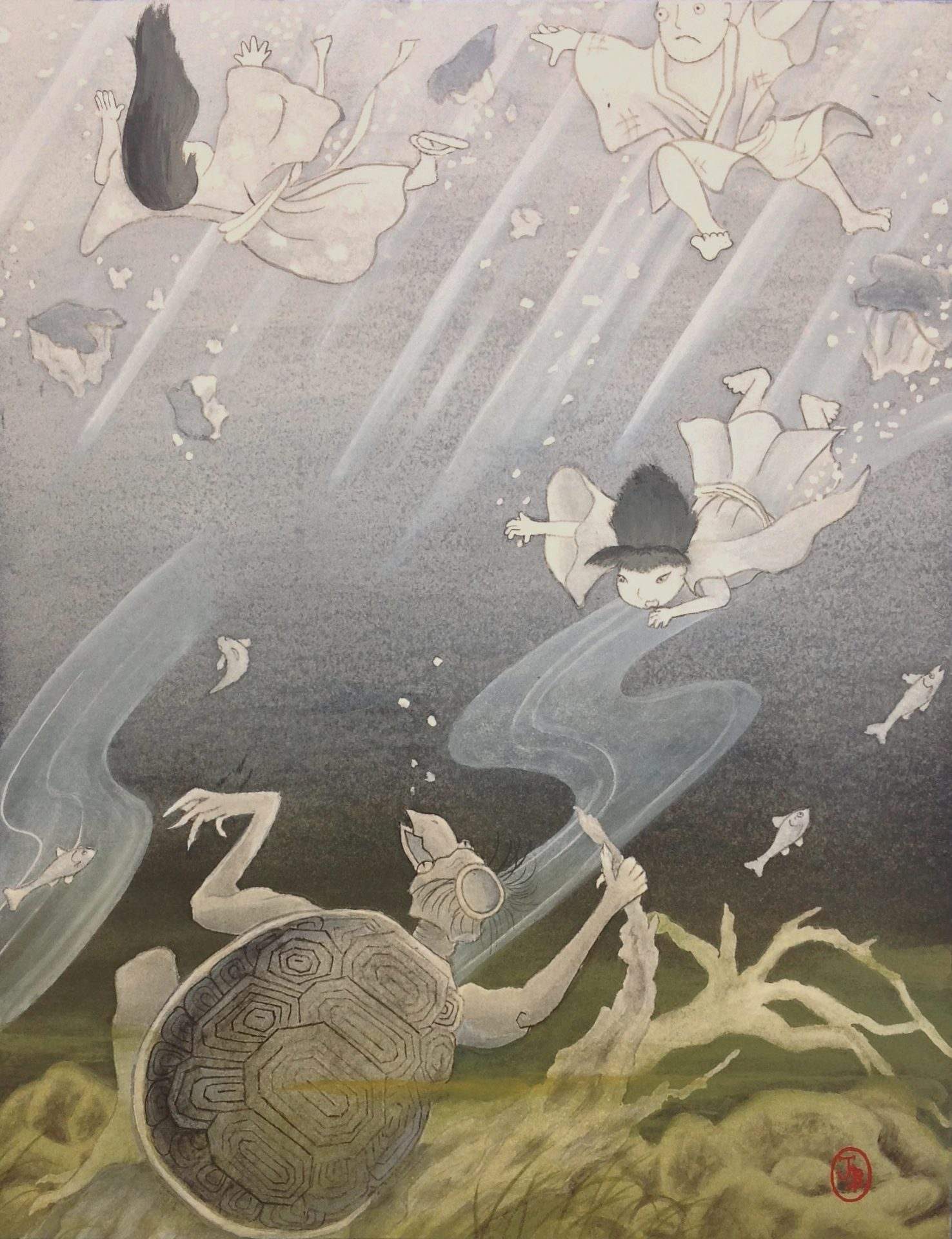 Kappa swimming underwater with three surprised children