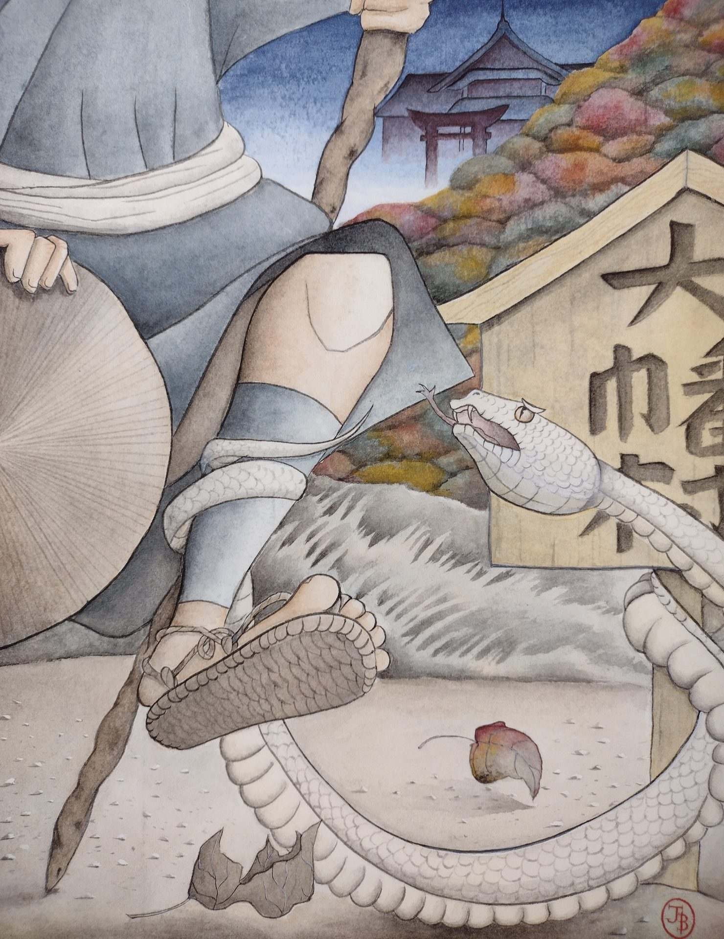 A snake wraps around a man's leg and a village signpost, preventing him from leaving