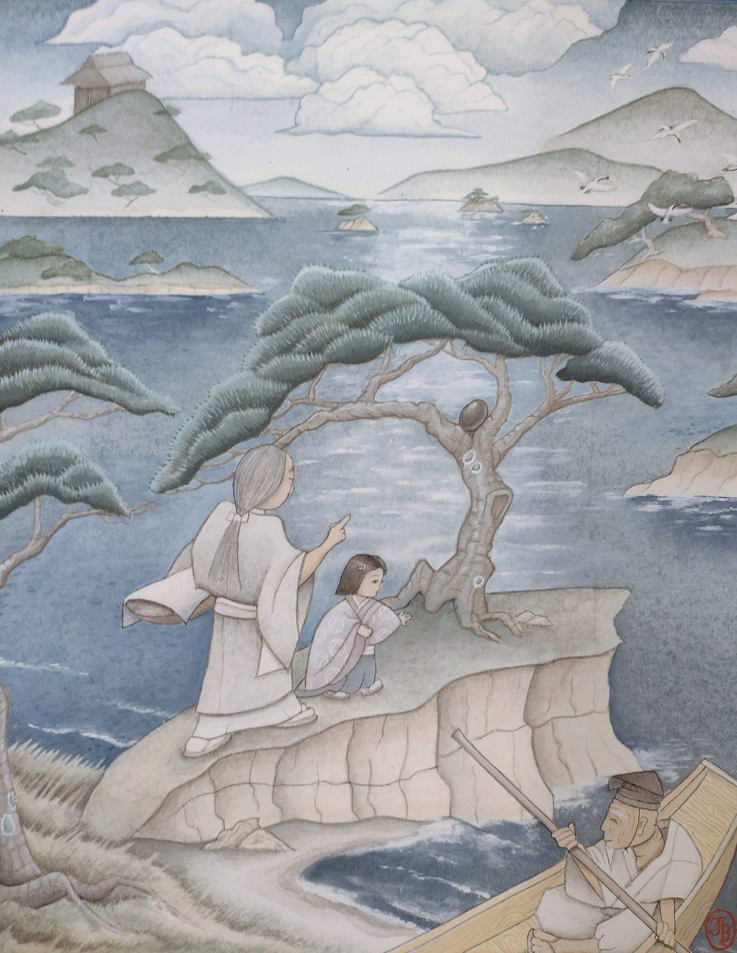 A young princess and her caretaker sail around a bay of pine-covered islands searching for lacquered eggs