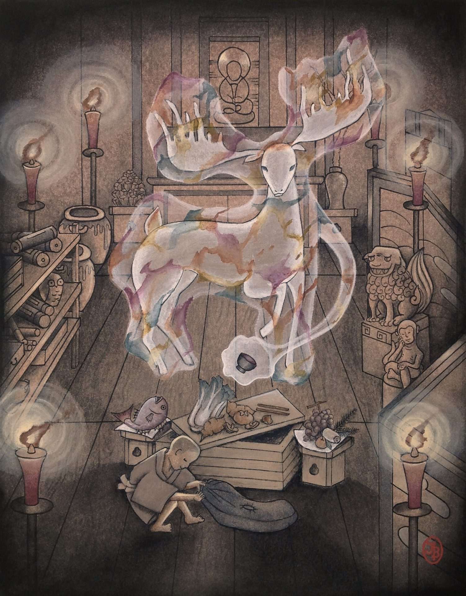 A young boy pulls our a cushion to sit on and share a meal with a giant deer kami covered in swirling colors