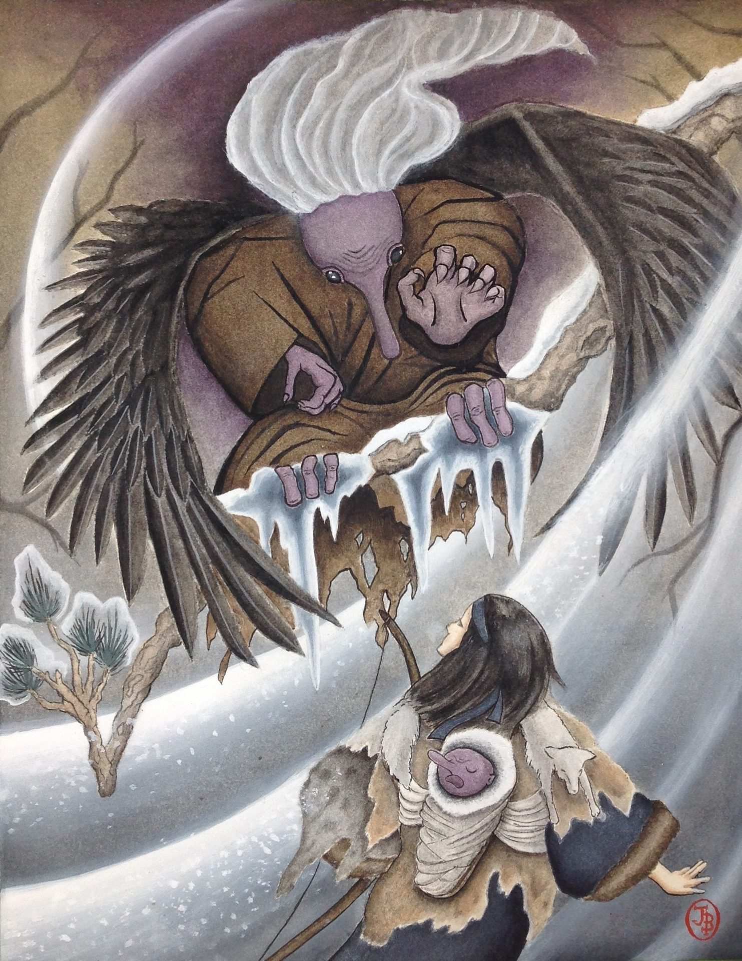 A girl holding a bow with a baby on her back confronts a mysterious, crow-winged creature in the snow
